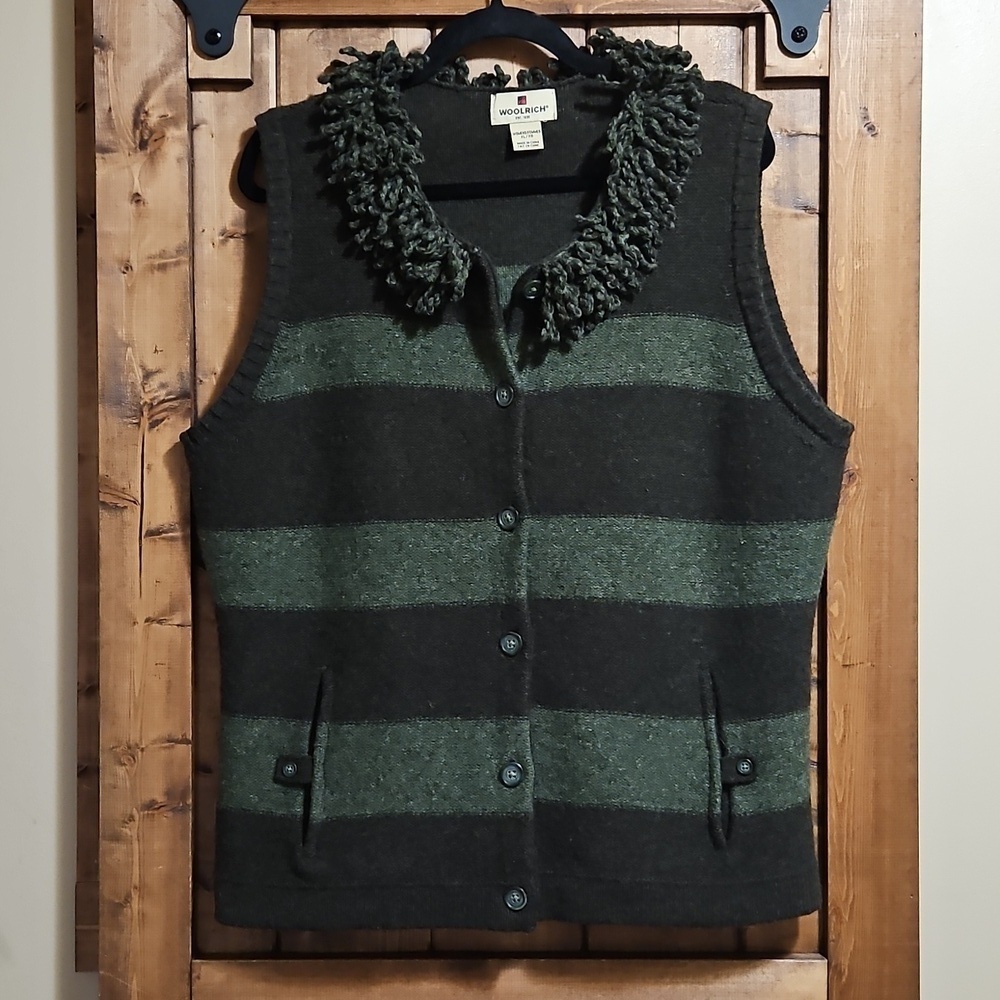 Woolrich Vintage Lambswool Knit Striped Fringe Collar Sweater Vest XL